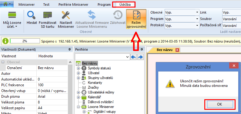 Loxone config režim zprovoznění ukončení