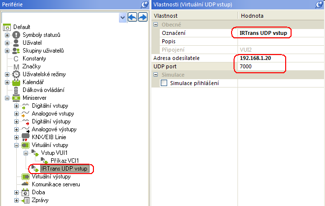 komunikace udp: nastaveni portu a adresy