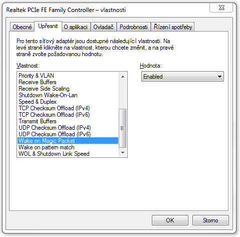 wake on lan vlastnosti síťového ovladače