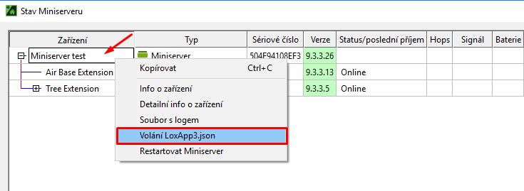 Status zařízení - datová struktura