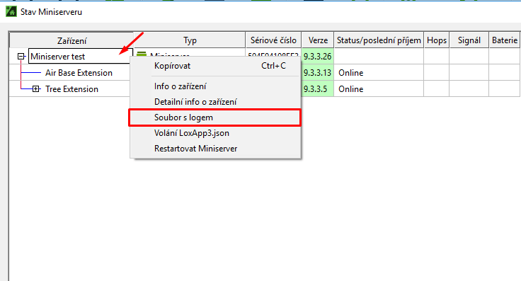 Status zařízení - deflog