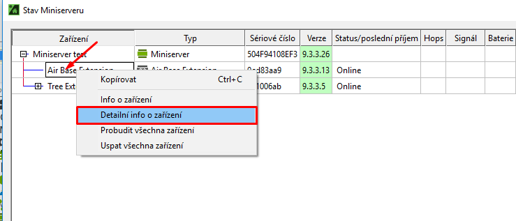Status zařízení - detailní info