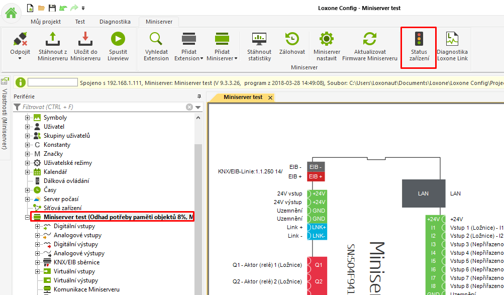 Status zařízení - otevření