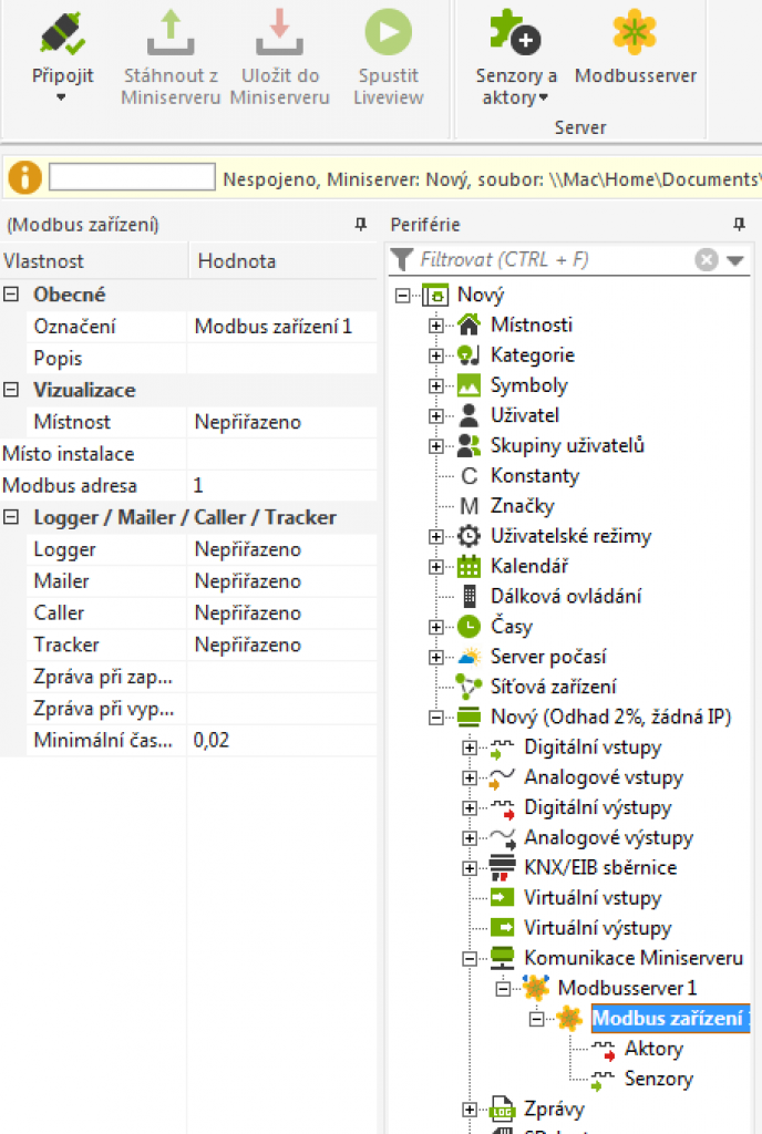 postup vytvoření MODBUS