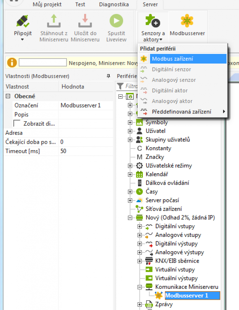 postup vytvoření MODBUS