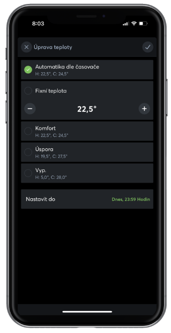 Dočasná úprava teploty v App
