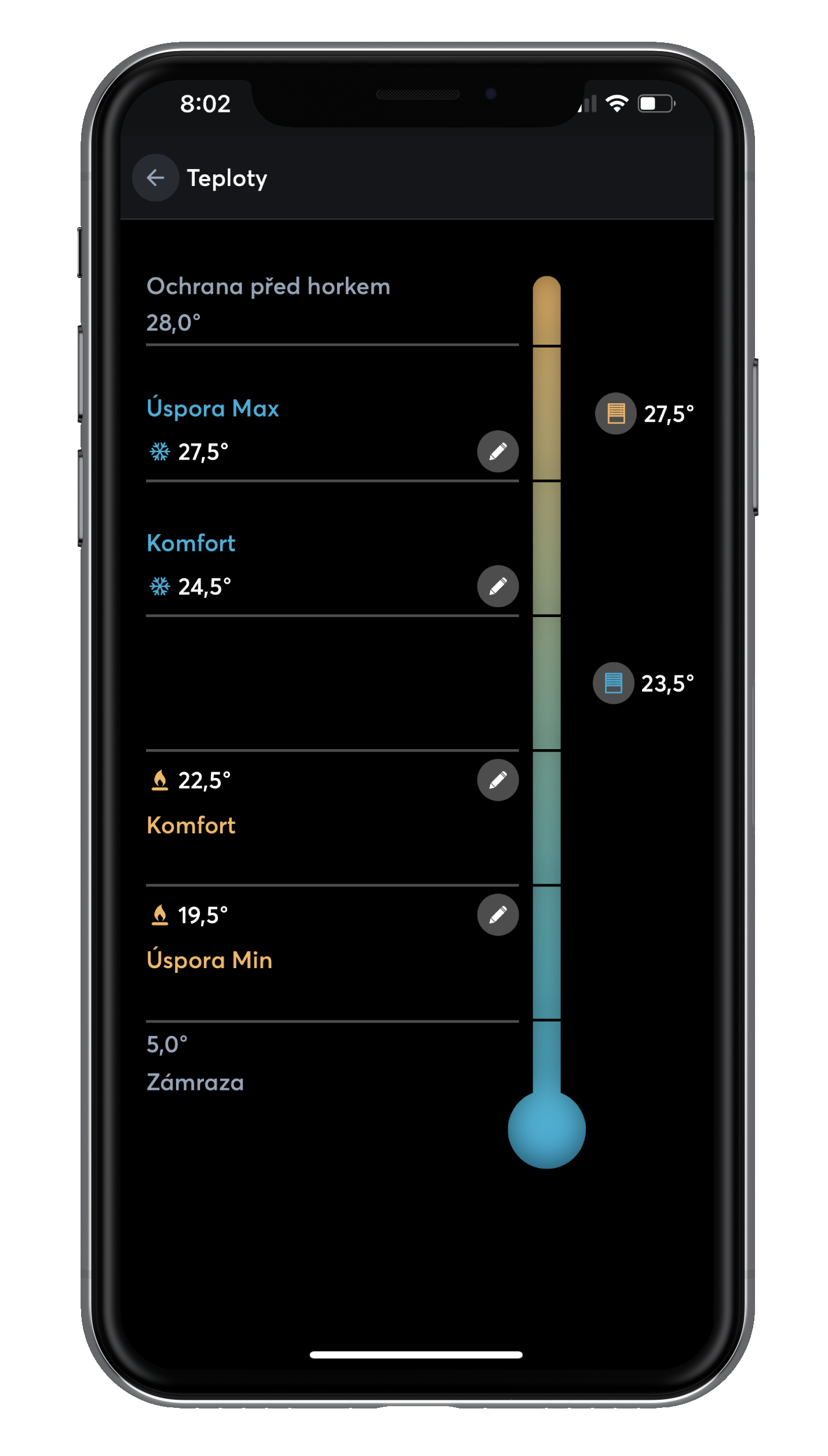 Nastavení různých teplot pomocí aplikace