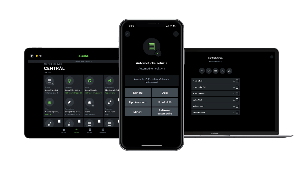 Loxone aplikace na mobilu, tabletu a notebooku zobrazující ovládání stínění