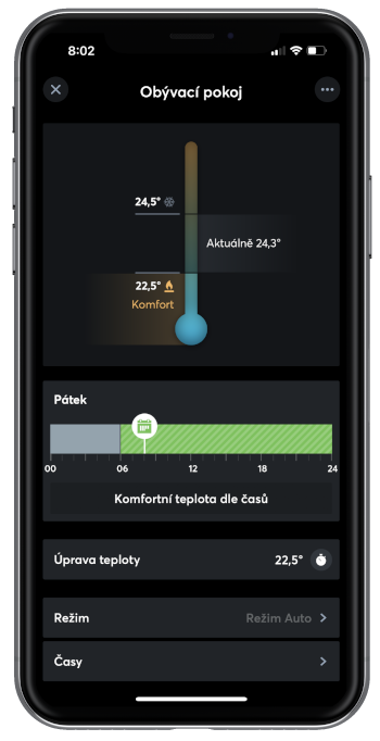 Nastavení teploty v aplikaci