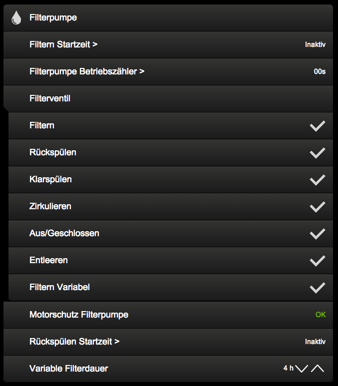 Loxone App: Ansicht der Filterpumpe