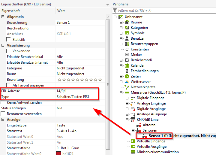Einstellung der EIB Parameter wie Adresse oder EIS-Type
