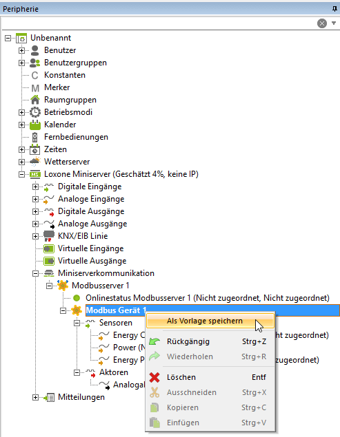 Vorlage der Modbus TCP Konfiguration speichern