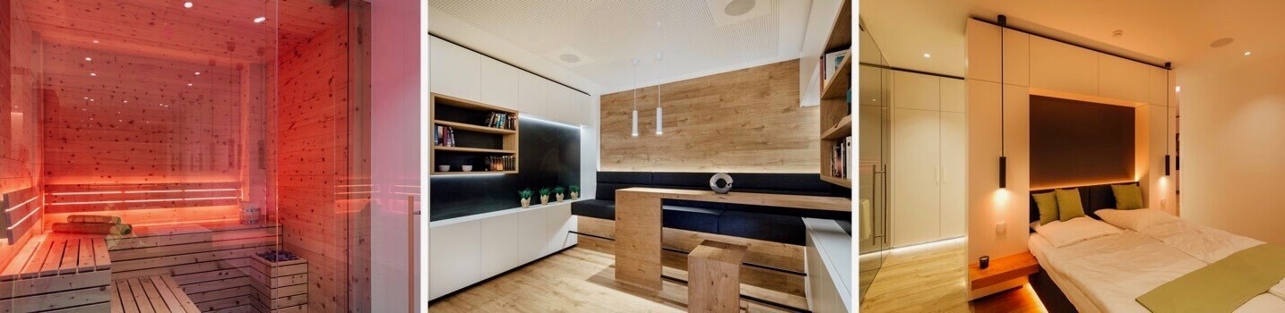 Collage of rooms with unique LED lighting