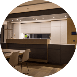 Kitchen with LED Spots above counter.