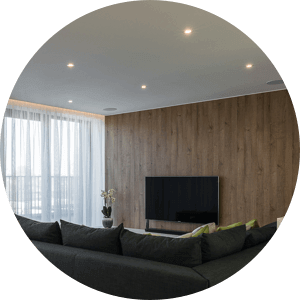 Living room with evenly spaced LED Spots.