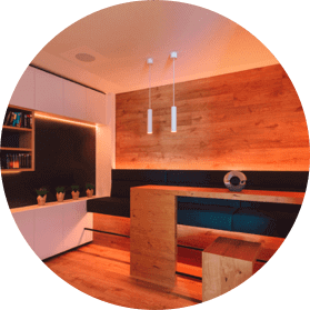 Glowing lounge area with LED Pendulum Slims