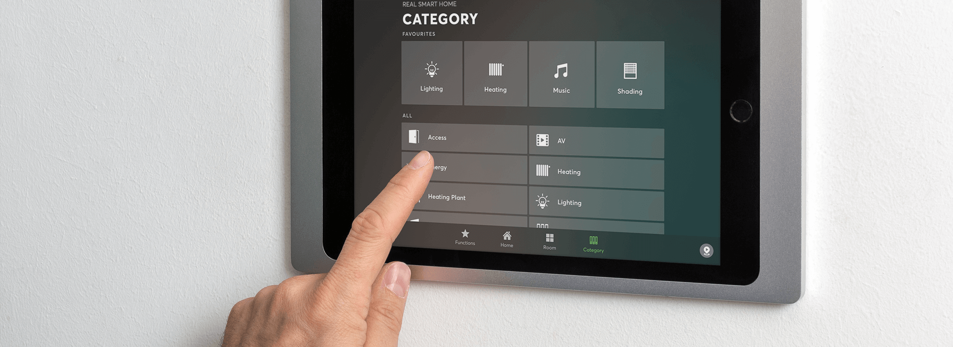 Full screen image of smart home touchscreen control panel.