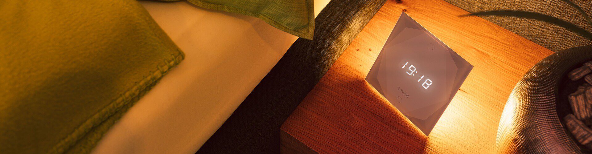 Touch Nightlight glowing on nightstand next to bed