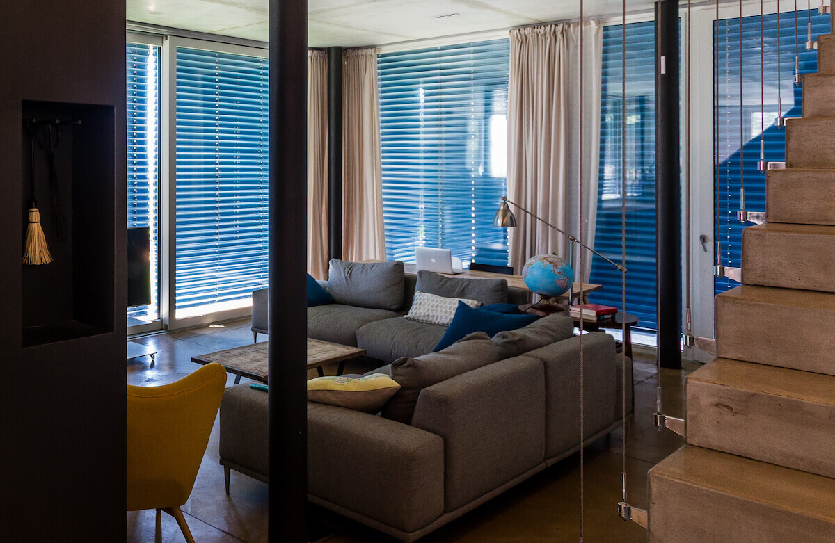 Living room with blinds lowered.