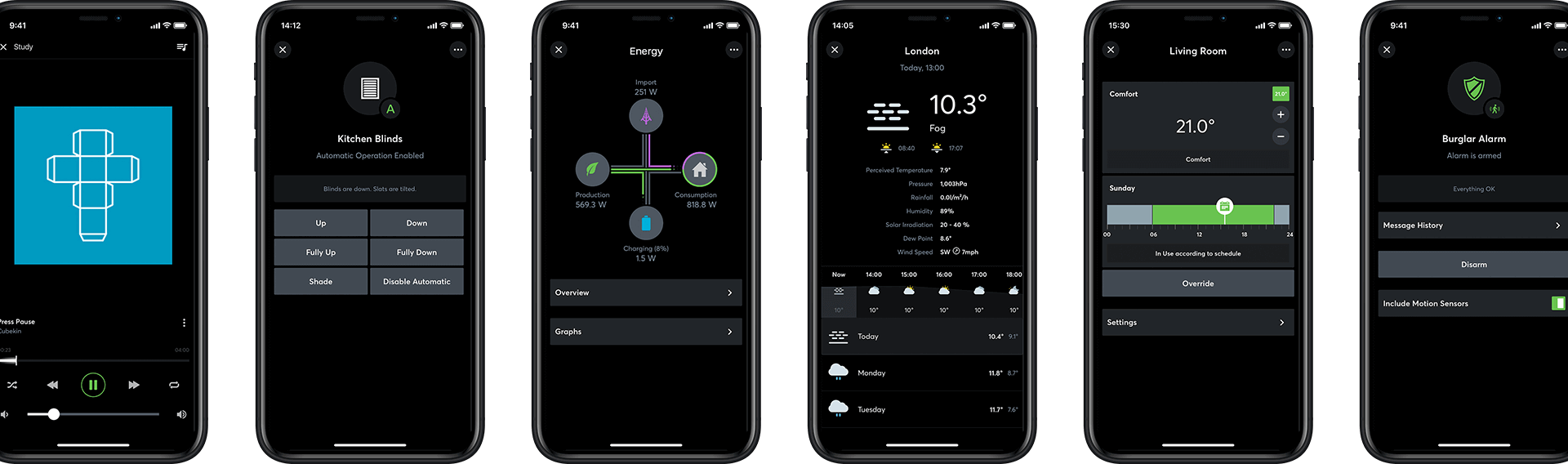 Row of iPhones displaying Loxone App features