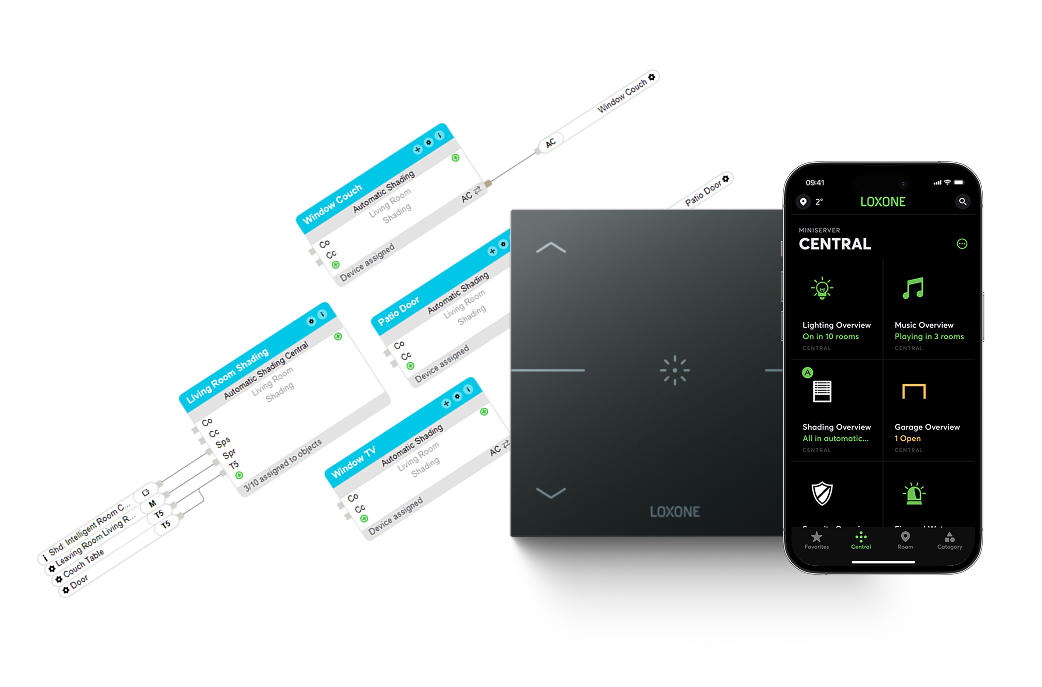 A screenshot of the shading control in the Loxone app, a Loxone Touch Pure in anthracite and modules for intelligent shading control in the Loxone Config.