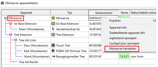 Miniserver herstarten