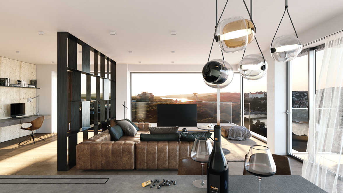 Priestranná obývačka s výhľadom na bratislavský hrad a okolie