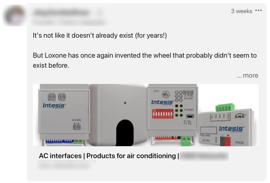 Een screenshots van een Linkedin post over de AC Control Air van Loxone.