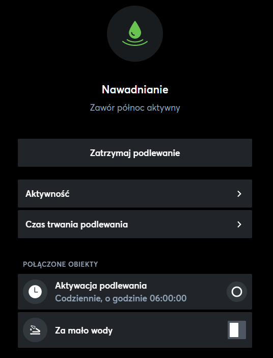 Automatyczne nawadnianie włączone w aplikacji Loxone