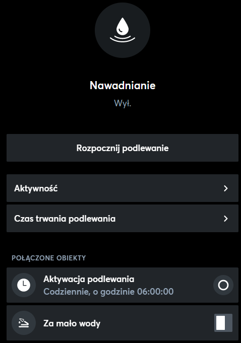 Automatyczne nawadnianie wyłączone w aplikacji Loxone