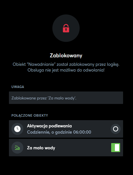 Automatyczne nawadnianie zablokowane w aplikacji Loxone