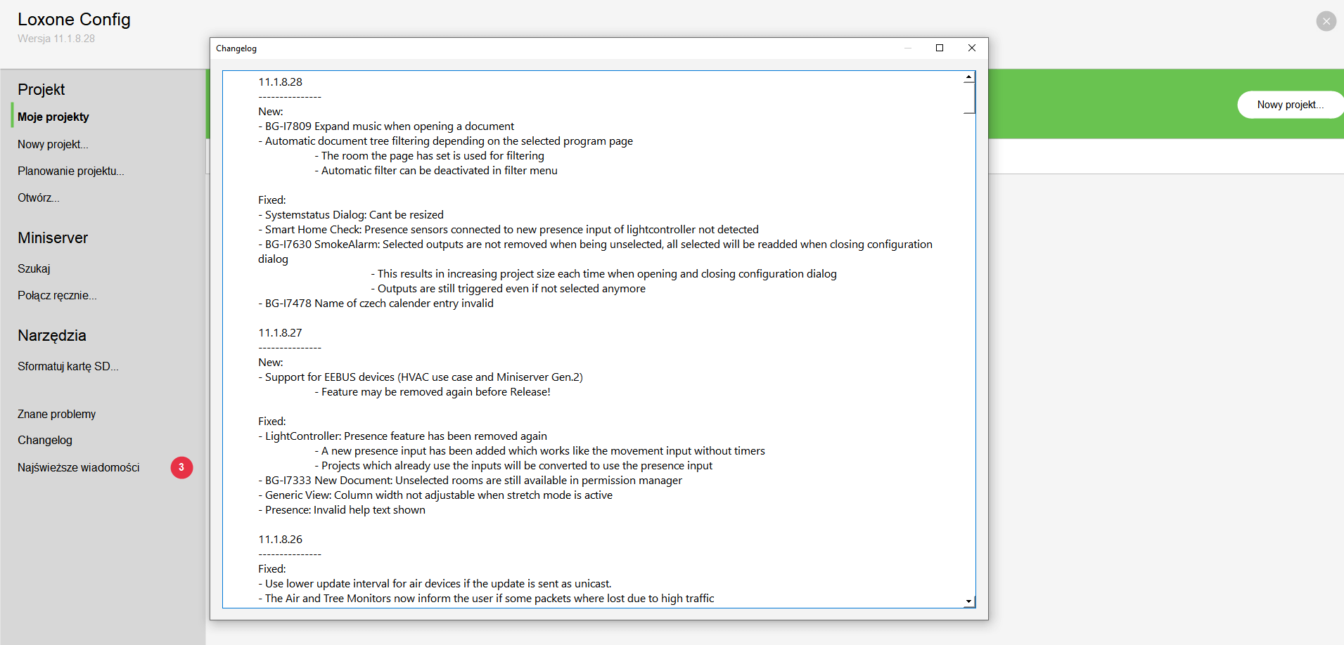 Changelog in Loxone Config