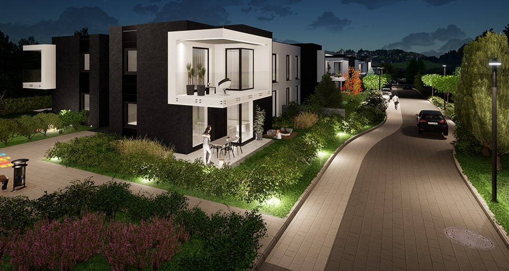 Wizualizacja osiedla Lunaris wieczorem