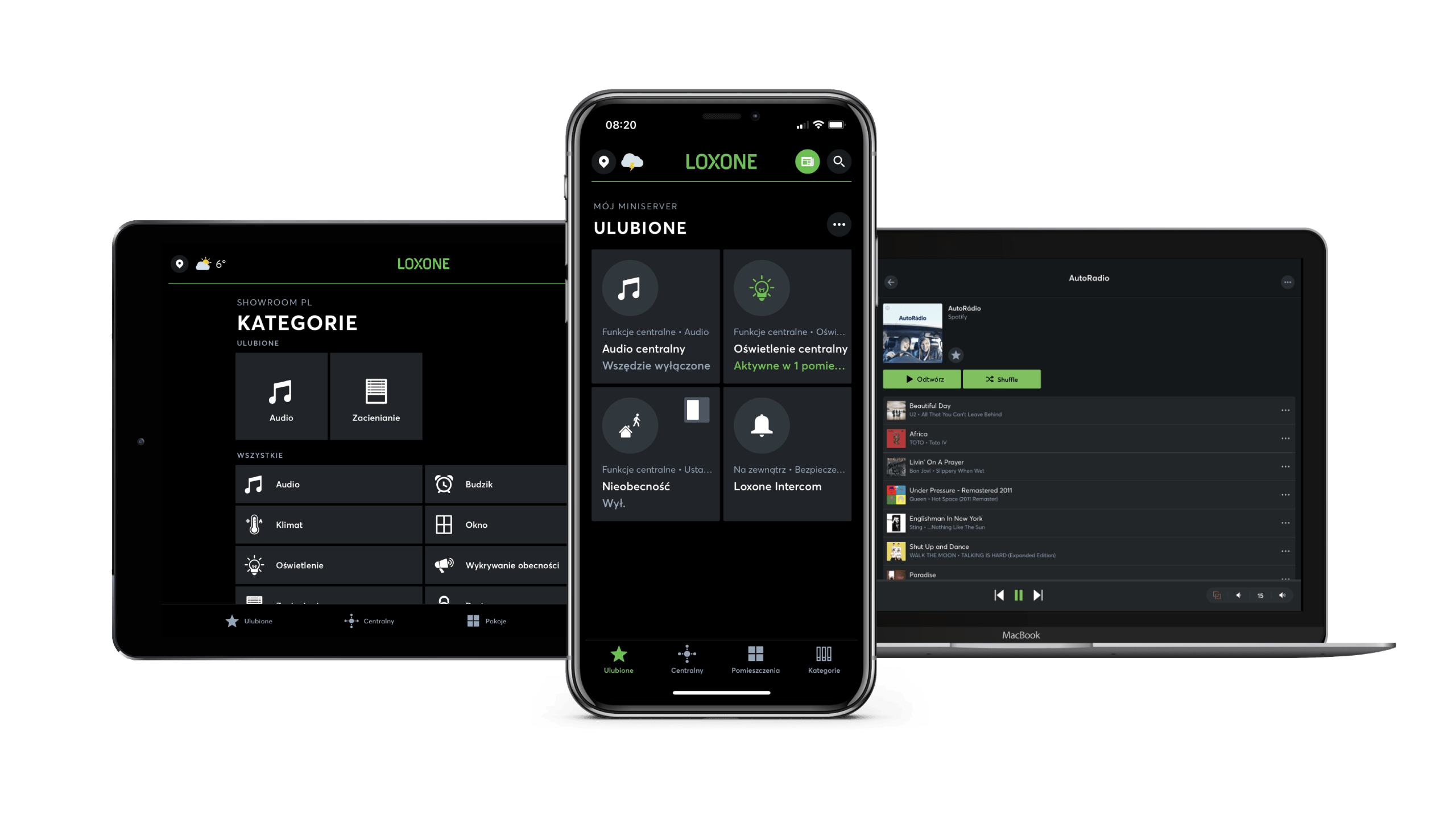 Aplikacja Loxone na smartphone i tablet pokazuje stan elementów zacieniania