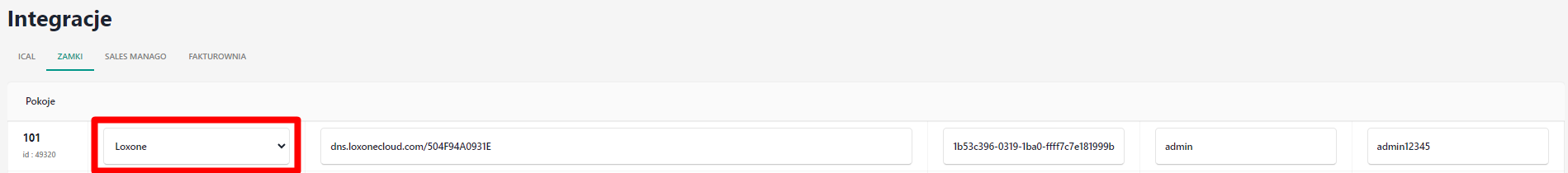 Widok w panelu Hotres, wybrać platformę.Integracja Loxone z Hotres.